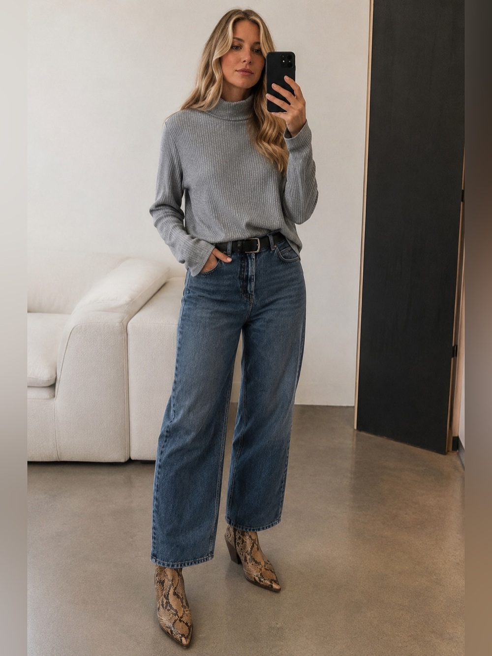 Time and Tru Gray Ribbed Mock Neck Top L Quiet Luxury Capsule Minimalist